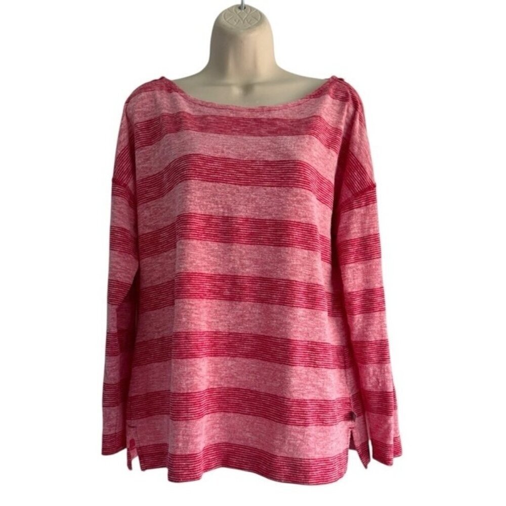 T By Talbots Woman's Sz M Heather Pink & Red Striped Long Sleeve Pullover Top